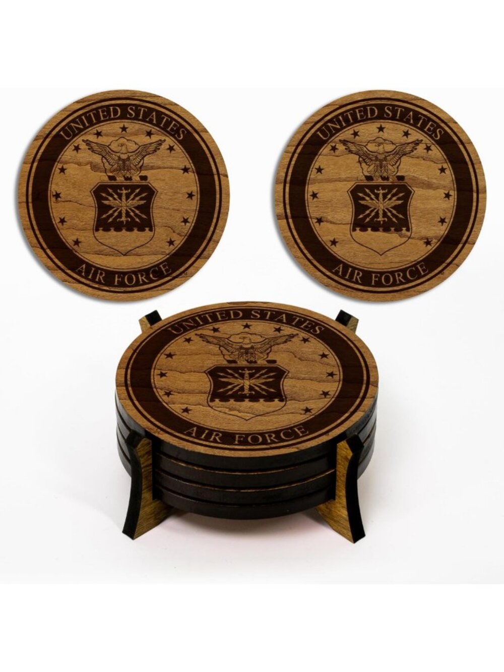 Handcrafted Cherry Wood Coaster Set - U.S. Air Force Seal, 4-Pack, Made in USA